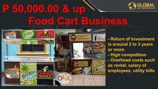 P 50,000.00 & up
Food Cart Business
- Return of Investment
is around 2 to 3 years
or more.
- High competition
- Overhead costs such
as rental, salary of
employees, utility bills
 