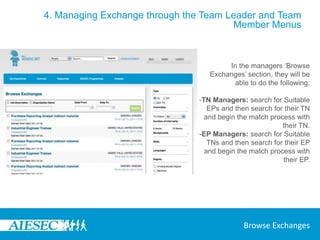 4. Managing Exchange through the Team Leader and Team Member MenusIn order for TN and EP Managers to manage the exchange process, the Exchange Management Menu found in the Team Member Programme enables them to do so. It contains:Browse Exchanges: for the Managers to easily search and match their forms to suitable choicesSupply and Demand Management: to constantly understand the pipeline and need in the networkMy Forms: A place for the managers to keep track of all the EP and TN Forms they are managingManage Forms: To be able to make the necessary changesMatch Monitor: to track matches andGEP Module: If managing Global Exchange Partners along with AIESEC International