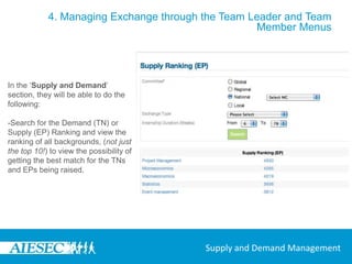 4. Managing Exchange through the Team Leader and Team Member MenusIn the managers ‘Browse Exchanges’ section, they will be able to do the following:-TN Managers: search for Suitable EPs and then search for their TN and begin the match process with their TN.-EP Managers: search for Suitable TNs and then search for their EP and begin the match process with their EP.Browse Exchanges