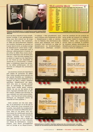 TELE-satellite World                                 www.TELE-satellite.com/...
                                                                                   Download this report in other languages from the Internet:
                                                                                   Arabic       ‫العربية‬      www.TELE-satellite.com/TELE-satellite-1009/ara/globalinvacom.pdf
                                                                                   Indonesian   Indonesia    www.TELE-satellite.com/TELE-satellite-1009/bid/globalinvacom.pdf
                                                                                   Bulgarian    Български    www.TELE-satellite.com/TELE-satellite-1009/bul/globalinvacom.pdf
                                                                                   Czech        Česky        www.TELE-satellite.com/TELE-satellite-1009/ces/globalinvacom.pdf
                                                                                   German       Deutsch      www.TELE-satellite.com/TELE-satellite-1009/deu/globalinvacom.pdf
                                                                                   English      English      www.TELE-satellite.com/TELE-satellite-1009/eng/globalinvacom.pdf
                                                                                   Spanish      Español      www.TELE-satellite.com/TELE-satellite-1009/esp/globalinvacom.pdf
                                                                                   Farsi        ‫فارس ي‬       www.TELE-satellite.com/TELE-satellite-1009/far/globalinvacom.pdf
                                                                                   French       Français     www.TELE-satellite.com/TELE-satellite-1009/fra/globalinvacom.pdf
                                                                                   Hebrew       ‫עברית‬        www.TELE-satellite.com/TELE-satellite-1009/heb/globalinvacom.pdf
                                                                                   Greek        Ελληνικά     www.TELE-satellite.com/TELE-satellite-1009/hel/globalinvacom.pdf
                                                                                   Croatian     Hrvatski     www.TELE-satellite.com/TELE-satellite-1009/hrv/globalinvacom.pdf
                                                                                   Italian      Italiano     www.TELE-satellite.com/TELE-satellite-1009/ita/globalinvacom.pdf
                                                                                   Hungarian    Magyar       www.TELE-satellite.com/TELE-satellite-1009/mag/globalinvacom.pdf
                                                                                   Mandarin     中文           www.TELE-satellite.com/TELE-satellite-1009/man/globalinvacom.pdf
                                                                                   Dutch        Nederlands   www.TELE-satellite.com/TELE-satellite-1009/ned/globalinvacom.pdf
                                                                                   Polish       Polski       www.TELE-satellite.com/TELE-satellite-1009/pol/globalinvacom.pdf
                                                                                   Portuguese   Português    www.TELE-satellite.com/TELE-satellite-1009/por/globalinvacom.pdf
                                                                                   Romanian     Română       www.TELE-satellite.com/TELE-satellite-1009/rom/globalinvacom.pdf
                                                                                   Russian      Русский      www.TELE-satellite.com/TELE-satellite-1009/rus/globalinvacom.pdf
                                                                                   Swedish      Svenska      www.TELE-satellite.com/TELE-satellite-1009/sve/globalinvacom.pdf
                                                                                   Turkish      Türkçe       www.TELE-satellite.com/TELE-satellite-1009/tur/globalinvacom.pdf
■ Nouveau chez GlobalInvacom: un compartiment de quatre modules ODU32                                            Available online starting from 30 July 2010
empilés qui fournit huit connexions optiques identiques, capable d’alimenter
256 points.

entre les deux endroits et sera complè-               Il explique: « Mais actuellement, nous                   ment les variations de ses produits de
tement invisible. Il est spécifiquement               nous orientons vers l‘expansion en Asie                  sorte qu‘elle est toujours en meilleure
conçu pour être enterré sur de longs                  », GlobalInvacom a déjà un distribu-                     position pour mettre à niveau les ins-
tronçons souterrains. Non seulement,                  teur en Malaisie; Des distributeurs des                  tallations même plus sophistiquées
ce câble est particulièrement résistant               autres pays asiatiques sont invités à                    encore. Dans ce contexte, le système
aux produits chimiques qui peuvent se                 contacter Ivan Horrocks au siège de                      de réception optique ultramoderne de
trouver dans la terre, sa couleur orange              GlobalInvacom en Grande-Bretagne.                        GlobalInvacom peut toujours trouver de
de GlobalInvacom serait facile à repé-                GlobalInvacom développe constam-                         nouveaux clients et utilisateurs.
rer si des travaux souterrains sont à
effectuer ultérieurement à l‘endroit où
est enfoui le câble.«Nous avons actua-
lisé notre répartiteur avec de fiches jack
internes », Ivan Horrocks explique tout
en jetant un regard sur les répartiteurs
en noir foncé qui sont disponibles en
version de 2, 3, 4 et 8 sorties. « L’instal-
lateur a simplement besoin de connec-
ter les câbles préfabriqués», dit Ivan
Horrocks en indiquant les connecteurs
optiques.

   Les anciennes versions de répartiteurs
sont dotées de connecteur de câbles
fixes. Cette nouvelle version permet une
plus grande flexibilité aux installateurs
en rendant plus facile l’adaptation de la
longueur de câble à chaque utilisation
spécifique. GlobalInvacom est égale-
ment venu avec un nouveau concept
dans sa technologie de distribution.
«Nous avons empilé quatre modules
ODU32, les uns sur les autres et les
avons regroupé ensemble dans un boî-
tier unique», explique Ivan Horrocks, en
nous montrant une unité comme échan-
tillon. « Ceci fournit huit sorties optiques
identiques qui élargissent encore les
capacités de notre système. »

   Cette variation est très bien adap-
tée, où la distribution ne se fait pas en
série, c‘est-à-dire d‘une connexion à la
suivante, mais plutôt d‘un emplacement
central vers toutes les différentes direc-
tions. Dans un cas pareil, vous vou-
driez autant de nombreuses sources de
signaux identiques, que de connexions
optiques, possible. Pour résumer le
tout, Ivan Horrocks nous a révélé que
GlobalInvacom est en train d‘étendre
son réseau de distributeurs. «Jusqu‘à
présent, nous étions principalement                   ■ GlobalInvacom a modifié le répartiteur optique avec des connecteurs jack. Les câbles
actif en Europe et au Moyen-Orient»,                  optiques de raccordement peuvent désormais être directement branchés sur le répartiteur


                                                                        www.TELE-satellite.com — 08-09/2010 — TELE-satellite — Global Digital TV Magazine                 81
 