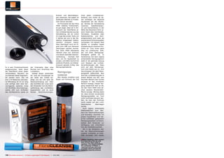 Kratzer und Beschädigun-            einer jeden Lichtleiterver-
                                                                                     gen erkennen, die später im         bindung und nichts ist da-
                                                                                     laufenden Betrieb zu Proble-        her wichtiger, als absolute
                                                                                     men führen könnten.                 Sauberkeit bei der Monta-
                                                                                       Im Praxistest hat das Fibre       ge. Gerade die Verkabelung
                                                                                     X400 tadellos funktioniert,         zwischen      Satellitenanten-
                                                                                     so gut sogar, dass wir in An-       ne und Konverterbox in der
                                                                                     betracht der Oberfläche je-         Nähe des Receivers führt je-
                                                                                     ner Lichtleiterstecker aus der      doch meist über Dachböden,
                                                                                     Verkabelung, die wir schon          Terrassen, Vorgärten oder
                                                                                     im Zuge des ersten Tests vor        Kabelschächte, und dem-
                                                                                     3 Jahren bei uns in der Re-         entsprechend sind mehr als
                                                                                     daktion eingezogen hatten,          ausreichend Schmutzquellen
                                                                                     ziemlich erstaunt waren,            vorhanden. Um diesem Übel
                                                                                     dass überhaupt noch ein Si-         Abhilfe zu schaffen bietet
                                                                                     gnal vom LNB zum Receiver           GlobalInvacom mehrere Pro-
                                                                                     übertragen werden konnte.           dukte an: Zum einen wäre
                                                                                     Das Fibre X400 offenbarte           dies ein praktischer Stift,
                                                                                     nämlich eine von Schmutz            der mit einer Reinigungs-
                                                                                     und Staub übersäte Stecker-         flüssigkeit gefüllt ist. In
                                                                                     verbindung - höchste Zeit           Verbindung mit dem eigens
                                                                                     also, um für Sauberkeit zu          entwickelten Reinigungstuch
                                                                                     sorgen, und dafür kommt ein         stellt er die optimale Lösung
                                                                                     weiteres Produkt von Global-        zum Säubern der Lichtlei-
                                                                                     Invacom gerade richtig: das         terverbindungen dar. Dazu
fe in sein Produktsortiment               der Unterseite über eine                   Reinigungsmaterial.                 wird auf dem Reinigungs-
aufgenommen, dank derer                   Buchse zum Anschluss des                                                       tuch eine Stelle von ca. 2cm
                                                                                                                         Durchmesser mit dem Reini-
die Oberfläche eines jeden                Lichtleiters.
                                                                                        Reinigungs-                      gungsstift befeuchtet. Nun
verwendeten Steckers bis                    Sobald dieser verbunden
ins kleinste Detail begutach-             ist, wird ein Druckknopf an                   material                         wird der Lichtleiterstecker in
tet werden kann. Das mit                  der Seite des FX400 be-                      Wie bereits erwähnt sind          einem Winkel von 90° vom
drei 1.5V Batterien betriebe-             tätigt und die LED hellt die               Staub und Schmutz der Tod           feuchten Bereich des Tuches
ne Mikroskop ist 23 cm lang               Steckverbindung auf. Über                                                      langsam in den trockenen
und verfügt über eine her-                das Sichtfeld der Linse kann                                                   Bereich bewegt. Diesen Vor-
vorragende optische Linse                 der Anwender nun die Steck-                                                    gang wiederholt man so oft,
mit Sichtfeld, eine leistungs-            verbindung des Lichtleiters                                                    bis das Fibre X400 eine ab-
starke LED zum Aufhellen                  begutachten und so auch                                                        solut saubere Steckerober-
des Sichtbereichs sowie an                feinste    Verschmutzungen,                                                    fläche anzeigt. Wichtig dabei
                                                                                                                         ist, dass einmal verwendete
                                                                                                                         Reinigungsstellen am Tuch
                                                                                                                         nicht nochmals benutzt wer-
                                                                                                                         den, da man den Schmutz
                                                                                                                         sonst wieder auf den Licht-
                                                                                                                         leiterstecker      übertragen
                                                                                                                         würde.
                                                                                                                            Auch eigens entwickelte
                                                                                                                         Wattestäbchen zum Säu-
                                                                                                                         bern der Steckverbindungen
                                                                                                                         und Kontakte, ebenfalls mit
                                                                                                                         einem fusselfreien und ide-
                                                                                                                         al für Lichtleiter geeigneten
                                                                                                                         Reinigungsaufsatz versehen,
                                                                                                                         stehen dem Anwender zur
                                                                                                                         Verfügung und erleichtern
                                                                                                                         ihm die Installationsarbeit.
                                                                                                                            Wir in der Redaktion hat-
                                                                                                                         ten die Steckverbindungen
                                                                                                                         unserer Lichtleiter so inner-
                                                                                                                         halb kürzester Zeit wieder

                                                                                                                         ■ When installing a fibre system
                                                                                                                         it is imperative that the end-
                                                                                                                         face of every fibre cable is
                                                                                                                         spotless. The FibreCLEANING
                                                                                                                         Kit comprises of Wipes, a
                                                                                                                         cleaning fluid pen and a pot
                                                                                                                         of swabs which provide the
                                                                                                                         complete cleaning solution.


130 TELE-satellite International — The World‘s Largest Digital TV Trade Magazine — 12-01/2012 — www.TELE-satellite.com
 