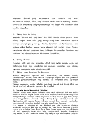 13
pengaturan ekonomi yang mekanismenya akan ditentukan oleh pasar.
Sektor-sektor ekonomi rakyat yang diberikan subsidi semakin berkurang, koperasi
semakin sulit berkembang, dan penyerapan tenaga kerja dengan pola padat karya sudah
semakin ditinggalkan.
3. Bidang Sosial dan Budaya
Mudahnya nilai-nilai barat yang masuk baik milalui internet, antene parabola, media
rofessi, maupun media cetak yang kadang-kadang ditiru habis-habisan. Semakin
lunturnya semangat gotong royong, solidaritas, kepedulian, dan kesetiakawanan rofes
sehingga dalam keadaan tertentu hanya ditangani oleh segelintir orang. Semakin
memudarnya nilai-nilai keagamaan dalam kehidupan bermasyarakat, berbangsa, dan
bernegara karna dianggap tidak ada hubungannya (sekularisme).
4. Bidang Informasi
Kemajuan iptek dan arus komunikasi global yang makin canggih, cepat, dan
berkapasitas tinggi. Laju pertumbuhan dan akumulasi pengetahuan serta informasi
meningkat sangat cepat secara tajam (eksponensial)
5. Bidang Hukum, Pertahanan dan Keamanan
Semakin menguatnya supremasi rofe, demokratisasi, dan tuntutan terhadap
dilaksanakannya hak-hak asasi manusia. Menguatnya regulasi rofe dan pembuatan
peraturan perundang-undangan yang memihak dan bermanfaat untuk kepentingan
rakyat.
Semakin menguatnya tuntutan terhadap tugas-tugas penegak rofe (polisi, jaksa, dan
hakim) yang lebih rofessional, transparan dan akuntabel.
2.9 Pancasila Dalam Menghadapi Globalisasi
Pancasila sebagai dasar negara Indonesia yang sudah ditentukan oleh para pendiri
negara ini haruslah menjadi sebuah acuan dalam menjalankan kehidupan berbangsa dan
bernegara,berbagai tantangan dalam menjalankan ideologi pancasila juga tidak mampu
untuk menggantikankan pancasila sebagai ideologi bangsa Indonesia,pancasila terus
dipertahankan oleh segenap bangsa Indonesia sebagai dasar negara,itu membuktikan
bahwa pancasila merupakan ideologi yang sejati untuk bangsa Indonesia.
Oleh karena itu tantangan di era globalisasi yang bisa mengancam eksistensi
kepribadian bangsa,dan kini mau tak mau,suka tak suka ,bangsa Indonesia berada di
pusaran arus globalisasi dunia. Tetapi harus diingat bahwa bangsa dan negara Indonesia
tak mesti kehilangan jatidiri,kendati hidup ditengah-tengah pergaulan dunia.Rakyat
yang tumbuh di atas kepribadian bangsa asing mungkin saja mendatangkan kemajuan,
 