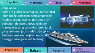 Pakaian

4.

Makanan

3.

2.

1.

Gaya Hidup

Informasi

Kesenian

8.

Bahasa

7.

Perjalanan

6.

5.

Perjalanan
Pada era global sekarang ini, masyarakat
lebih mengutamakan perjalanan yang
mudah, cepat, praktis, dan aman. Ini
berkaitan dengan tingkat kegiatan
masyarakat yang semakin sibuk. Jarak
yang jauh menjadi mudah dijangkau.
Berbagai macam perjalanan dapat
menggunakan pesawat terbang.
Mata
pencaharian

 
