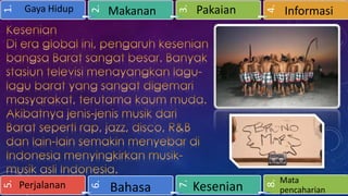 Kesenian

4.

Pakaian

8.

Bahasa

3.

2.

Makanan

7.

Perjalanan

6.

1.
5.

Gaya Hidup

Informasi

Mata
pencaharian

 