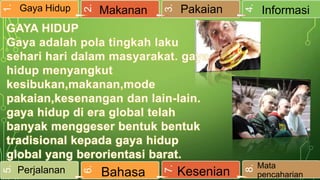 Kesenian

4.

Pakaian

8.

Bahasa

3.

Makanan

7.

2.

5.

Perjalanan

6.

1.

Gaya Hidup

Informasi

Mata
pencaharian

 