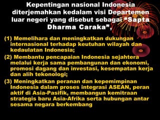 Kepentingan nasional Indonesia
diterjemahkan kedalam visi Departemen
luar negeri yang disebut sebagai “Sapta
Dharma Caraka”,
(1) Memelihara dan meningkatkan dukungan
internasional terhadap keutuhan wilayah dan
kedaulatan Indonesia;
(2) Membantu pencapaian Indonesia sejahtera
melalui kerja sama pembangunan dan ekonomi,
promosi dagang dan investasi, kesempatan kerja
dan alih tekonologi;
(3) Meningkatkan peranan dan kepemimpinan
Indonesia dalam proses integrasi ASEAN, peran
aktif di Asia-Pasifik, membangun kemitraan
strategis baru Asia-Afrika serta hubungan antar
sesama negara berkembang
 