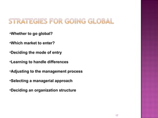 Whether to go global? Which market to enter? Deciding the mode of entry Learning to handle differences Adjusting to the management process Selecting a managerial approach Deciding an organization structure 