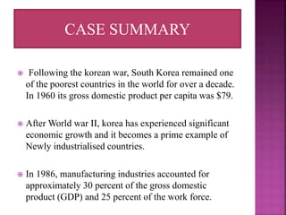  Following the korean war, South Korea remained one
of the poorest countries in the world for over a decade.
In 1960 its gross domestic product per capita was $79.
 After World war II, korea has experienced significant
economic growth and it becomes a prime example of
Newly industrialised countries.
 In 1986, manufacturing industries accounted for
approximately 30 percent of the gross domestic
product (GDP) and 25 percent of the work force.
CASE SUMMARY
 