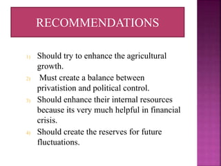 1) Should try to enhance the agricultural
growth.
2) Must create a balance between
privatistion and political control.
3) Should enhance their internal resources
because its very much helpful in financial
crisis.
4) Should create the reserves for future
fluctuations.
RECOMMENDATIONS
 