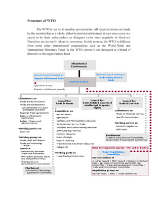 Structure of WTO
The WTO is run by its member governments. All major decisions are made
by the membership as a whole, either byministers(who meet at least once everytwo
years) or by their ambassadors or delegates (who meet regularly in Geneva).
Decisions are normally taken by consensus. In this respect, the WTO is different
from some other international organizations such as the World Bank and
International Monetary Fund. In the WTO, power is not delegated to a board of
directors or the organization’s head.
 