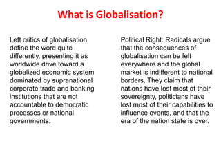What is Globalisation?

Left critics of globalisation   Political Right: Radicals argue
define the word quite           that the consequences of
differently, presenting it as   globalisation can be felt
worldwide drive toward a        everywhere and the global
globalized economic system      market is indifferent to national
dominated by supranational      borders. They claim that
corporate trade and banking     nations have lost most of their
institutions that are not       sovereignty, politicians have
accountable to democratic       lost most of their capabilities to
processes or national           influence events, and that the
governments.                    era of the nation state is over.
 