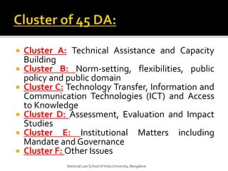  Cluster A: Technical Assistance and Capacity
Building
 Cluster B: Norm-setting, flexibilities, public
policy and public domain
 Cluster C: Technology Transfer, Information and
Communication Technologies (ICT) and Access
to Knowledge
 Cluster D: Assessment, Evaluation and Impact
Studies
 Cluster E: Institutional Matters including
Mandate and Governance
 Cluster F: Other Issues
National Law School of India University, Bangalore.
 
