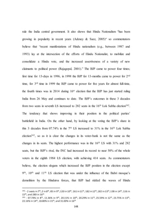 148
rule the India central government. It also shows that Hindu Nationalism “has been
growing in popularity in recent years (Adeney & Saez, 2005)“ so commentators
believe that “recent manifestations of Hindu nationalism (e.g., between 1987 and
1993) lay at the intersection of the eﬀorts of Hindu Nationalist, to mobilize and
consolidate a Hindu vote, and the increased assertiveness of a variety of new
claimants to political power (Rajagopal, 2001).” The BJP came to power four times;
first time for 13-days in 1996, in 1998 the BJP for 13-months came to power for 2nd
time, for 3rd time in 1999 the BJP came to power for five years for almost full-time,
the fourth times was in 2014 during 16st election that the BJP has just started ruling
India from 26 May and continues to date. The BJP’s outcomes in these 3 decades
from two seats in seventh LS increased to 282 seats in the 16th Lok Sabha election342.
The tendency that shows improving in their position in the political parties’
battlefield in India. On the other hand, by looking at the voting the BJP’s share in
this 3 decades from 07.74% in the 7th LS increased to 31% in the 16th Lok Sabha
election343, so as it is clear the changes in its voter-bank is not the same as the
changes in its seats. The highest performance was in the 16th LS with 31% and 282
seats, but the BJP’s rival, the INC had increased its record to near 50% of the whole
voters in the eighth 1984 LS election, with achieving 414 seats. As commentators
believe, the election slogans which increased the BJP position in the election except
9th, 10th and 11th LS election that was under the influence of the Babri mosque’s
demolition by the Hindutva forces, that BJP had ridded the waves of Hindu
342 - 2 seats in 7th,2 in 8th, 85 in 9th,120 in 10th, 161 in 11th, 182 in 12th,182 in 13th,138 in 14th, 116 in
15th, and 280 in 16th
343 - 07.74% in 8th, 11.36% in 9th, 20.11% in 10th, 20.29% in 11th, 25.59% in 12th, 23.75% in 13th,
22.16% in 14th, 18.80% in 15th, and 31.00% in 16th
 