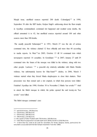 45
Masjid issue, unofficial sources reported 200 death. Colonelganj115 in 1990,
September 30 after the BJP leader, Kalyan Singh’s addressing about the Ram temple
in Ayodhya communalized; communal riot happened and resulted some deaths, the
official amounted it to 42, but unofficial sources reported around 100 and other
sources more than 300 deaths.
The usually peaceful Saharanpur116 in 1991; March 27 was the site of serious
communal riots, the violence claimed 12 lives officially and more than 40 according
to media reports. In Mau117on 2005; October 13 till 14 communal riots which
newspapers reported 14 casualties. In Gorakhpur 118 in 2007; January 27 until 29
communal riots the Imam of the mosque was killed in the violence, along with two
other people. Lucknow 119 a peaceful city relatively unfamiliar with Hindu Muslim
violence, but unfortunately known for Shia-Sunni120 clashes, in 2006, March 3
violence started when they forced Hindu shopkeepers to close their shutters. Their
procession was then stoned and a riot erupted, in which four persons were killed.
Faizabad /Ayodhya inn 1990; October 30 to November 2 Hindu ‘kar sevaks121’ tried
to attack the Babri mosque in which, the police opened fire and twenty-six “kar
sevaks” were killed.
The Babri mosque communal case:
115 - with 81% Hindus, 19% Muslims
116 - 52% Hindus, 44% Muslims
117 - 42% Hindus, 58% Muslims
118 - 78% Hindus, 21% Muslims
119 -the capital of Uttar Pradesh with 73% Hindus, 26% Muslims
120 - India Muslim population includes both Sunni (85%) and Shi’a (15%) Muslims
121 - A term that has come to be used for volunteers for Hindu religious duties, particularly for
volunteers associated with the Ram temple movement from the 1980s.
 