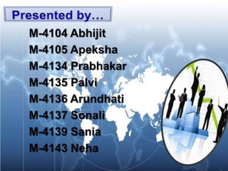 Presented by…M-4104 Abhijit M-4105 ApekshaM-4134 PrabhakarM-4135 PalviM-4136 ArundhatiM-4137 SonaliM-4139 SaniaM-4143 Neha