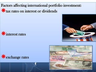 Factors affecting international portfolio investment:
tax rates on interest or dividends



interest rates



exchange rates
 