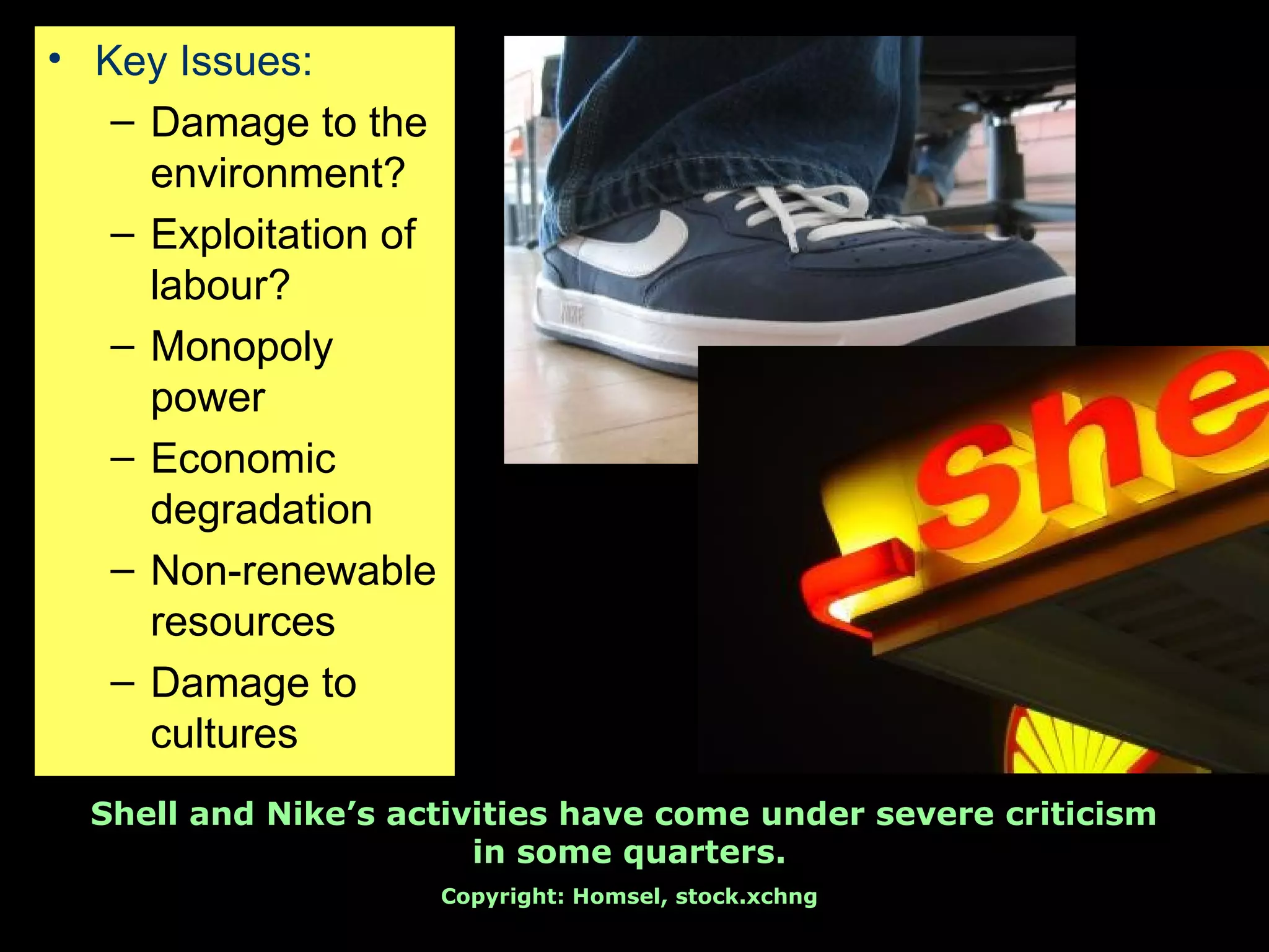 Key Issues: Damage to the environment? Exploitation of labour?   Monopoly power Economic degradation Non-renewable resources Damage to cultures Shell and Nike’s activities have come under severe criticism  in some quarters. Copyright: Homsel, stock.xchng 