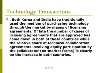 Technology Transactions
 . Both Korea and India have traditionally
used the medium of purchasing technology
through the market by means of licensing
agreements. Of late the number of cases of
licensing agreements that are approved has
come down in both of these countries while
the relative share of technical collaboration
agreements involving equity participation by
the collaborator (no-market forms) is clearly
on the increase in both countries.
Sunitha.B.K
 