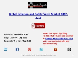 Global Isolation and Safety Valve Market 20122016

Published: November 2013
Single User PDF: US$ 2500
Corporate User PDF: US$ 3500

Order this report by calling
+1 888 391 5441 or Send an email
to sales@reportsandreports.com
with your contact details and
questions if any.

© ReportsnReports.com / Contact sales@reportsandreports.com

1

 