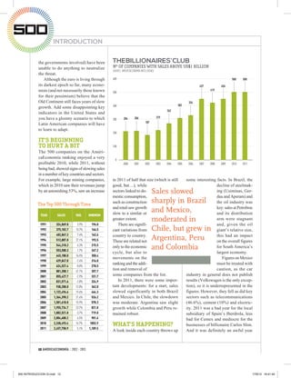 INTRODUCTION


            the governments involved) have been          THE BILLIONAIRES´ CLUB
            unable to do anything to neutralize          Nº OF COMPANIES WITH SALES ABOVE US$1 BILLION
                                                         SOURCE: AMÉRICAECONOMÍA INTELLIGENCE
            the threat.
                Although the euro is living through      600                                                                                      500    500
            its darkest epoch so far, many econo-                                                                            437           456
            mists (and not necessarily those known       500
                                                                                                                                    419
            for their pessimism) believe that the
            Old Continent still faces years of slow                                                                   334
                                                         400                                                  302
            growth. Add some disappointing key
                                                                                                       262
            indicators in the United States and
            you have a gloomy scenario to which                   204      206                  219
                                                         300
                                                                                     187
            Latin American companies will have
            to learn to adapt.
                                                         200

            IT’S BEGINNING
            TO HURT A BIT                                100
            The 500 companies on the Améri-
            caEconomía ranking enjoyed a very              0
            profitable 2010, while 2011, without                  2000     2001      2002       2003   2004   2005    2006   2007   2008   2009   2010   2011
            being bad, showed signs of slowing sales
            in a number of key countries and sectors.
            For example, large mining companies,         in 2011 of half that size (which is still                   some interesting facts. In Brazil, the
            which in 2010 saw their revenues jump        good, but…), while                                                             decline of steelmak-
            by an astonishing 53%, saw an increase       sectors linked to do-              Sales slowed                                ing (Usiminas, Ger-
                                                         mestic consumption,                                                            dau and Aperam) and
            The Top 500 Through Time
                                                         such as construction               sharply in Brazil                           the oil industry was
                                                         and retail saw growth                                                          key: sales at Petrobras
                                                         slow to a similar or
                                                                                            and Mexico,                                 and its distribution
              YEAR      SALES        VAR.      MINIMUM
                                                         greater extent.                    moderated in                                arm were stagnant
             1991       324,069.8     3.9%       196.0      There are signifi-                                                          and, given the oil
             1992       375,102.7    15.7%       166.5   cant variations from               Chile, but grew in                          giant’s relative size,
             1993       402,867.2     7.4%       162.6   country to country.                                                            this had an impact
             1994       512,087.0    27.1%       193.5   These are related not
                                                                                            Argentina, Peru                             on the overall figures
             1995
             1996
                        544,318.2
                        553,580.3
                                      6.3%
                                      1.7%
                                                 215.5
                                                 267.2
                                                         only to the economic               and Colombia                                for South America’s
                                                         cycle, but also to                                                             largest economy.
             1997       645,180.0    16.5%       350.4
                                                         movements on the                                                                  Figures on Mexico
             1998       629,847.0    -2.4%       316.0
                                                         ranking and the addi-                                                          must be treated with
             1999       624,527.4    -0.8%       278.5
             2000       881,208.1    41.1%       357.7
                                                         tion and removal of                                                            caution, as the car
             2001       855,427.7    -2.9%       331.7   some companies from the list.                               industry in general does not publish
             2002       831,571.6    -2.8%       324.9      In 2011, there were some impor-                          results (Volkswagen is the only excep-
             2003       938,208.0    12.8%       362.0   tant developments: for a start, sales                       tion), so it is underrepresented in the
             2004     1,122,496.6    19.6%       464.3   slowed significantly in both Brazil                         figures. However, they fell as did key
             2005     1,364,398.2    21.6%       526.2   and Mexico. In Chile, the slowdown                          sectors such as telecommunications
             2006     1,581,618.0    15.9%       570.3   was moderate. Argentina saw slight                          (46.6%), cement (10%) and electric-
             2007     1,955,734.7    23.7%       821.8   growth while Colombia and Peru re-                          ity. 2011 was a bad year for the local
             2008     1,882,521.8    -3.7%       719.0   mained robust.                                              subsidiary of Spain’s Iberdrola, less
             2009     2,004,608.2     6.5%       901.6                                                               bad for Cemex and mediocre for the
             2010     2,338,493.4    16.7%      1052.9
                                                         WHAT’S HAPPENING?                                           businesses of billionaire Carlos Slim.
             2011     2,457,750.9     5.1%     1,109.5
                                                         A look inside each country throws up                        And it was definitely an awful year



            12 AMÉRICAECONOMÍA / 2012 - 2013




500 INTRODUCCION GI.indd 12                                                                                                                                     17/8/12 16:41:40
 
