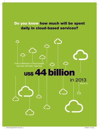 Do you know how much will be spent
                 daily in cloud-based services?




              Tech investment in cloud-based
                services will triple, reaching



                                  US$   44 billion
                                                 in 2013
                                                     Source: IDC




INHOUSE engAETECNO 2 PAG.indd 2                           17/08/2012 15:12:26
 