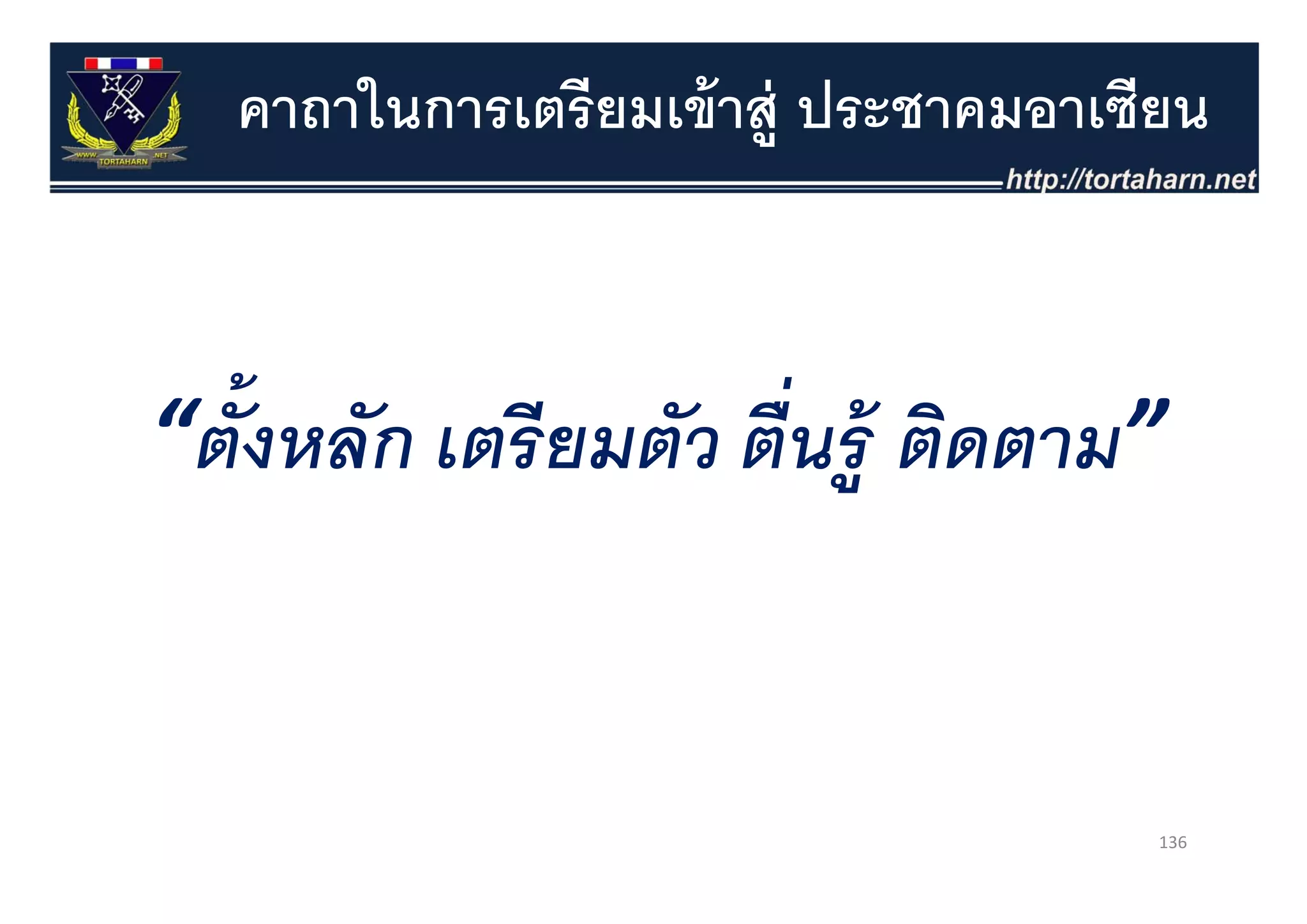 คาถาในการเตรียมเข้ าสู่ ประชาคมอาเซียน



                      ่
“ตั้งหลัก เตรียมตัว ตืนร้ ู ติดตาม”
 ตงหลก เตรยมตว ตนร ตดตาม


                                       136
 