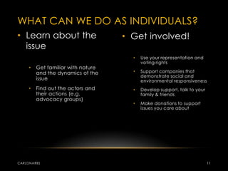 • Learn about the
issue
• Get familiar with nature
and the dynamics of the
issue
• Find out the actors and
their actions (e.g.
advocacy groups)
• Get involved!
• Use your representation and
voting rights
• Support companies that
demonstrate social and
environmental responsiveness
• Develop support, talk to your
family & friends
• Make donations to support
issues you care about
WHAT CAN WE DO AS INDIVIDUALS?
CARLONARBS 11
 