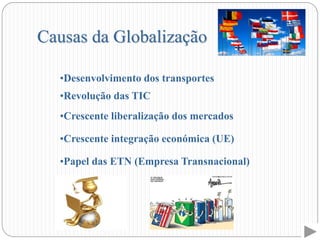 Causas da Globalização
•Desenvolvimento dos transportes
•Revolução das TIC
•Crescente liberalização dos mercados
•Crescente integração económica (UE)
•Papel das ETN (Empresa Transnacional)
 