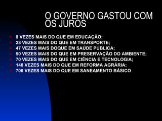 O GOVERNO GASTOU COM OS JUROS 8 VEZES MAIS DO QUE EM EDUCAÇÃO; 28 VEZES MAIS DO QUE EM TRANSPORTE; 47 VEZES MAIS DOQUE EM SAÚDE PÚBLICA; 50 VEZES MAIS DO QUE EM PRESERVAÇÃO DO AMBIENTE; 70 VEZES MAIS DO QUE EM CIÊNCIA E TECNOLOGIA; 140 VEZES MAIS DO QUE EM REFORMA AGRÁRIA; 700 VEZES MAIS DO QUE EM SANEAMENTO BÁSICO 