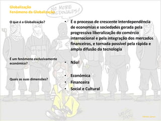 Globalização Fenómeno da Globalização É o processo de crescente interdependência de economias e sociedades gerada pela progressiva liberalização do comércio internacional e pela integração dos mercados financeiros, e tornada possível pela rápida e ampla difusão da tecnologia Não! Económica Financeira Social e Cultural O que é a Globalização? É um fenómeno exclusivamente económico? Quais as suas dimensões? Alfredo Garcia 