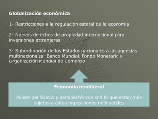 Globalización económica

1- Restricciones a la regulación estatal de la economía

2- Nuevos derechos de propiedad internacional para
inversiones extranjeras

3- Subordinación de los Estados nacionales a las agencias
multinacionales: Banco Mundial, Fondo Monetario y
Organización Mundial de Comercio




                    Economía neoliberal

   Países periféricos y semiperiféricos son lo que están más
           sujetos a estas imposiciones neoliberales
 