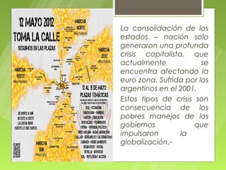 La consolidación de los
estados – nación solo
generaron una profunda
crisis capitalista, que
actualmente             se
encuentra afectando la
euro zona. Sufrida por los
argentinos en el 2001.
Estos tipos de crisis son
consecuencia de los
pobres manejos de los
gobiernos             que
impulsaron        la
globalización.-
 