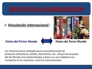 EFECTOS DE LA GLOBALIZACION 
 Vinculación Internacional : 
Países del Primer Mundo Países del Tercer Mundo 
Las materias primas utilizadas para la manufacturación de 
productos alimenticios, textiles, electrónicos, etc., afluyen de los países 
del 3er Mundo a los industrializados y éstos a su vez establecen sus 
compañías en los anteriores, como las transnacionales. 
 