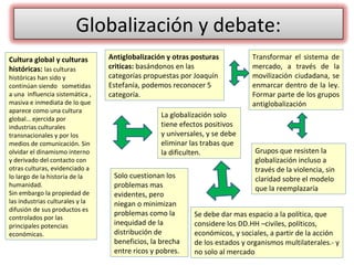 Antiglobalización y otras posturas criticas:  basándonos en las categorías propuestas por Joaquín Estefanía, podemos recon...