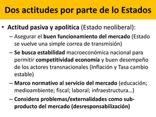 Dos actitudes por parte de lo Estados
• Actitud pasiva y apolitica (Estado neoliberal):
– Asegurar el buen funcionamiento del mercado (Estado
se vuelve una simple correa de transmisión)
– Se busca estabilidad macroeconómica nacional para
permitir competitividad economía y buen desempeño
de los actores transnacionales (Inflación y Tasa cambio
estable)
– Marco normativo al servicio del mercado (educación;
medioambiente; fiscal; laboral; infraestructura…)
– Considera problemas/externalidades como sub-
producto del mercado (desresponsabilización)
 