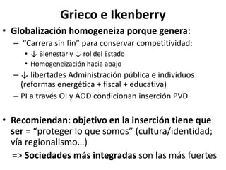 Grieco e Ikenberry
• Globalización homogeneiza porque genera:
– “Carrera sin fin” para conservar competitividad:
• ↓ Bienestar y ↓ rol del Estado
• Homogeneización hacia abajo
– ↓ libertades Administración pública e individuos
(reformas energética + fiscal + educativa)
– PI a través OI y AOD condicionan inserción PVD
• Recomiendan: objetivo en la inserción tiene que
ser = “proteger lo que somos” (cultura/identidad;
vía regionalismo…)
=> Sociedades más integradas son las más fuertes
 