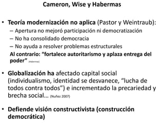 Cameron, Wise y Habermas
• Teoría modernización no aplica (Pastor y Weintraub):
– Apertura no mejoró participación ni democratización
– No ha consolidado democracia
– No ayuda a resolver problemas estructurales
Al contrario: “fortalece autoritarismo y aplaza entrega del
poder” (Habermas)
• Globalización ha afectado capital social
(individualismo, identidad se desvanece, “lucha de
todos contra todos”) e incrementado la precariedad y
brecha social… (Nuñez 2007)
• Defiende visión constructivista (construcción
democrática)
 