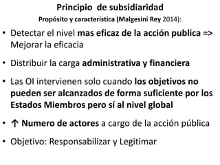 Principio de subsidiaridad
Propósito y característica (Malgesini Rey 2014):
• Detectar el nivel mas eficaz de la acción publica =>
Mejorar la eficacia
• Distribuir la carga administrativa y financiera
• Las OI intervienen solo cuando los objetivos no
pueden ser alcanzados de forma suficiente por los
Estados Miembros pero sí al nivel global
• ↑ Numero de actores a cargo de la acción pública
• Objetivo: Responsabilizar y Legitimar
 