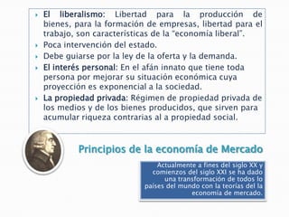    El liberalismo: Libertad para la producción de
    bienes, para la formación de empresas, libertad para el
    trabajo, son características de la “economía liberal”.
   Poca intervención del estado.
   Debe guiarse por la ley de la oferta y la demanda.
   El interés personal: En el afán innato que tiene toda
    persona por mejorar su situación económica cuya
    proyección es exponencial a la sociedad.
   La propiedad privada: Régimen de propiedad privada de
    los medios y de los bienes producidos, que sirven para
    acumular riqueza contrarias al a propiedad social.



            Principios de la economía de Mercado
                                 Actualmente a fines del siglo XX y
                               comienzos del siglo XXI se ha dado
                                   una transformación de todos lo
                             países del mundo con la teorías del la
                                           economía de mercado.
 