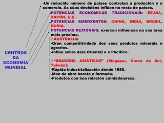 CENTROS DA ECONOMÍA MUNDIAL -Un reducido número de países controlan a produción e o comercio. As súas decisións inflúen no resto de países. POTENCIAS ECONÓMICAS TRADICIONAIS :  EE.UU., XAPÓN, U.E. POTENCIAS EMERXENTES:  CHINA, INDIA, BRASIL, RUSIA. POTENCIAS REXIONAIS : exercen influencia na súa área máis próxima. AUSTRALIA : -Gran competitividade dos seus produtos minerais e agrarios. -Inflúe sobre Asia Oriental e o Pacífico. “ DRAGÓNS ASIÁTICOS” (Singapur, Corea do Sur, Taiwán): -Rápida industrialización dende 1950. -Man de obra barata e formada. -Produtos con boa relación calidade/prezo. 