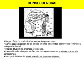 CONSECUENCIAS




Mayor oferta de productos baratos en los países ricos.
Mayor especialización de los países en unas actividades económicas concretas y
más productividad.
Rápida difusión del progreso tecnológico.
Las multinacionales pueden fabricar con menores costes y ofrecer precios sin
competencia.
Más posibilidades de atraer inversiones y generar riqueza.
 