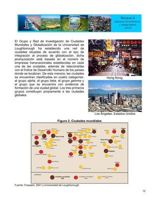 Hong Kong,
El
Mundiales y Globalización de la Universidad de
ci
in
Grupo y Red de Investigación de Ciudades
Loughborough ha establecido una red de
udades situadas de acuerdo con el tipo de
tegración al proceso de globalización, dicha
je
em
un
co
rarquización está basada en el número de
presas transnacionales establecidas en cada
a de las ciudades, además de relacionarlas
n el Índice de Desarrollo Humano de los países
nde se localizan. De esta manera, las ciudades
encuentran clasificadas en
do
se cuatro categorías:
l grupo alpha, el grupo beta, el grupo gamma ye
el grupo que se encuentra con evidencia de
formación de una ciudad global. Los tres primeros
grupos constituyen propiamente a las ciudades
globales.
Los Ángeles, Estados Unidos
mundialesFigura 2. Ciudades
Fuente: Fossaert, 2001 y Universidad de Loughborough
12
 