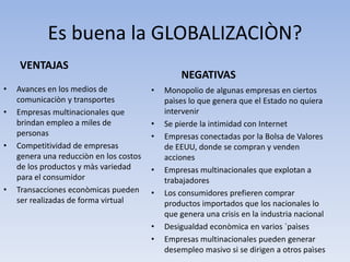 Es buena la GLOBALIZACIÒN?
VENTAJAS
• Avances en los medios de
comunicaciòn y transportes
• Empresas multinacionales que
brindan empleo a miles de
personas
• Competitividad de empresas
genera una reducciòn en los costos
de los productos y màs variedad
para el consumidor
• Transacciones econòmicas pueden
ser realizadas de forma virtual
NEGATIVAS
• Monopolio de algunas empresas en ciertos
paìses lo que genera que el Estado no quiera
intervenir
• Se pierde la intimidad con Internet
• Empresas conectadas por la Bolsa de Valores
de EEUU, donde se compran y venden
acciones
• Empresas multinacionales que explotan a
trabajadores
• Los consumidores prefieren comprar
productos importados que los nacionales lo
que genera una crisis en la industria nacional
• Desigualdad econòmica en varios `paìses
• Empresas multinacionales pueden generar
desempleo masivo si se dirigen a otros paìses
 