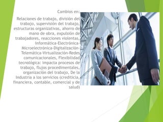 Cambios en:
Relaciones de trabajo, división del
trabajo, supervisión del trabajo,
estructuras organizativas, ahorro de
mano de obra, expulsión de
trabajadores, reacciones violentas,
Informática-Electrónica-
Microelectrónica-Digitalización-
Telemática-Virtualización-Redes
comunicacionales, Flexibilidad
tecnológica: impacta procesos de
trabajo, flujos procedimentales,
organización del trabajo, De la
Industria a los servicios (crediticia,
financiera, contable, comercial y de
salud)
 