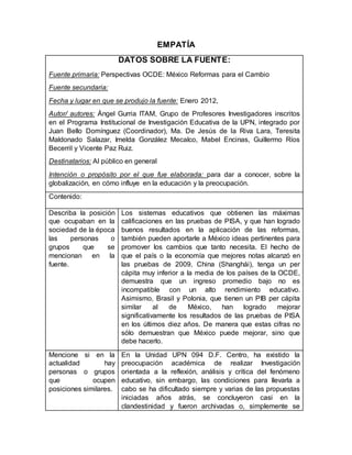 EMPATÍA
DATOS SOBRE LA FUENTE:
Fuente primaria: Perspectivas OCDE: México Reformas para el Cambio
Fuente secundaria:
Fecha y lugar en que se produjo la fuente: Enero 2012,
Autor/ autores: Ángel Gurria ITAM, Grupo de Profesores Investigadores inscritos
en el Programa Institucional de Investigación Educativa de la UPN, integrado por
Juan Bello Domínguez (Coordinador), Ma. De Jesús de la Riva Lara, Teresita
Maldonado Salazar, Imelda González Mecalco, Mabel Encinas, Guillermo Ríos
Becerril y Vicente Paz Ruiz.
Destinatarios: Al público en general
Intención o propósito por el que fue elaborada: para dar a conocer, sobre la
globalización, en cómo influye en la educación y la preocupación.
Contenido:
Describa la posición
que ocupaban en la
sociedad de la época
las personas o
grupos que se
mencionan en la
fuente.
Los sistemas educativos que obtienen las máximas
calificaciones en las pruebas de PISA, y que han logrado
buenos resultados en la aplicación de las reformas,
también pueden aportarle a México ideas pertinentes para
promover los cambios que tanto necesita. El hecho de
que el país o la economía que mejores notas alcanzó en
las pruebas de 2009, China (Shanghái), tenga un per
cápita muy inferior a la media de los países de la OCDE,
demuestra que un ingreso promedio bajo no es
incompatible con un alto rendimiento educativo.
Asimismo, Brasil y Polonia, que tienen un PIB per cápita
similar al de México, han logrado mejorar
significativamente los resultados de las pruebas de PISA
en los últimos diez años. De manera que estas cifras no
sólo demuestran que México puede mejorar, sino que
debe hacerlo.
Mencione si en la
actualidad hay
personas o grupos
que ocupen
posiciones similares.
En la Unidad UPN 094 D.F. Centro, ha existido la
preocupación académica de realizar Investigación
orientada a la reflexión, análisis y crítica del fenómeno
educativo, sin embargo, las condiciones para llevarla a
cabo se ha dificultado siempre y varias de las propuestas
iniciadas años atrás, se concluyeron casi en la
clandestinidad y fueron archivadas o, simplemente se
 