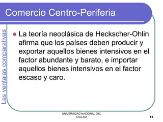 UNIVERSIDAD NACIONAL DEL
CALLAO 13
Comercio Centro-Periferia
 La teoría neoclásica de Heckscher-Ohlin
afirma que los países deben producir y
exportar aquellos bienes intensivos en el
factor abundante y barato, e importar
aquellos bienes intensivos en el factor
escaso y caro.
Las
ventajas
comparativas
 