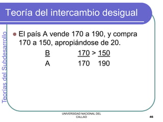 UNIVERSIDAD NACIONAL DEL
CALLAO 46
Teoría del intercambio desigual
 El país A vende 170 a 190, y compra
170 a 150, apropiándose de 20.
B 170 > 150
A 170 190
Teorías
del
Subdesarrollo
 