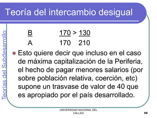 UNIVERSIDAD NACIONAL DEL
CALLAO 50
Teoría del intercambio desigual
B 170 > 130
A 170 210
 Esto quiere decir que incluso en el caso
de máxima capitalización de la Periferia,
el hecho de pagar menores salarios (por
sobre población relativa, coerción, etc)
supone un trasvase de valor de 40 que
es apropiado por el país desarrollado.
Teorías
del
Subdesarrollo
 