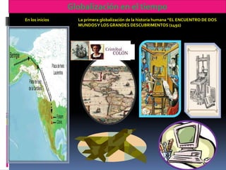 Globalización en el tiempo
En los inicios     La primera globalización de la historia humana “EL ENCUENTRO DE DOS
                   MUNDOSY LOS GRANDES DESCUBRIMENTOS (1492)
 