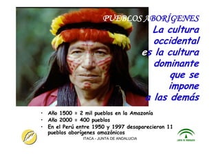 ITACA - JUNTA DE ANDALUCIA 12
PUEBLOS ABORÍGENES
La cultura
occidental
es la cultura
dominante
que se
impone
a las demás
• Año 1500 = 2 mil pueblos en la Amazonía
• Año 2000 = 400 pueblos
• En el Perú entre 1950 y 1997 desaparecieron 11
pueblos aborígenes amazónicos
 